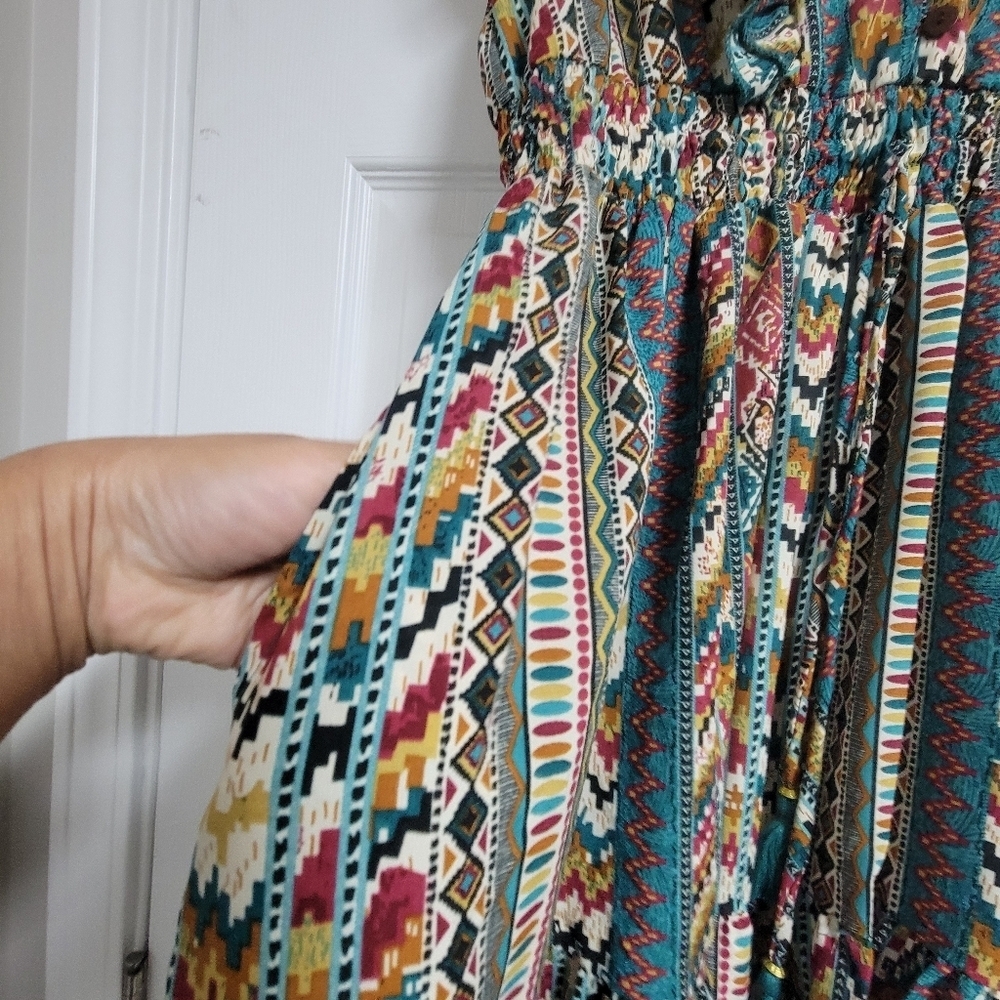 Antropologie Boemo Aztec Soutwestern Ruffle Short Skeeve Boho Mini Dress. - Picture 5 of 7